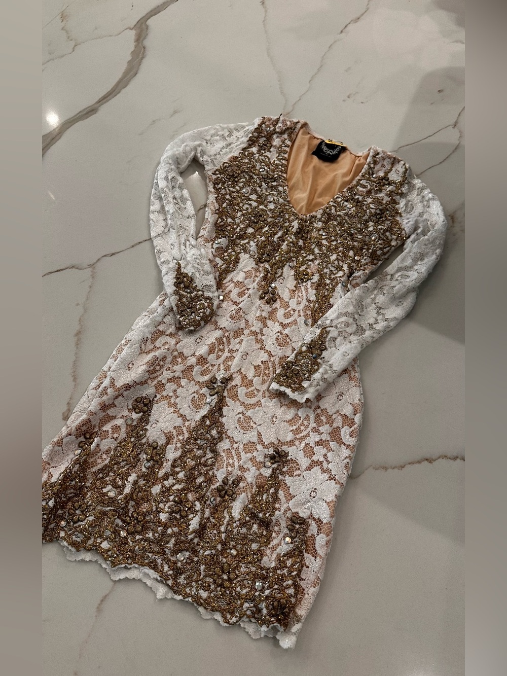 Embellished White Lace & Gold Cocktail Dress HOLT XS